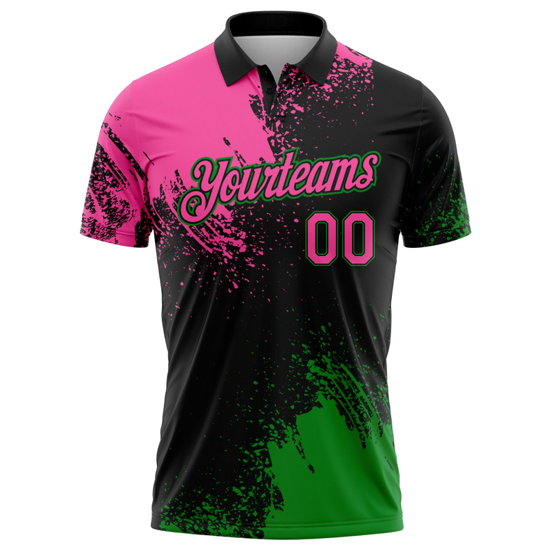 Custom Pink Black-Grass Green 3D Pattern Design Abstract Brush Stroke Performance Polo Shirt