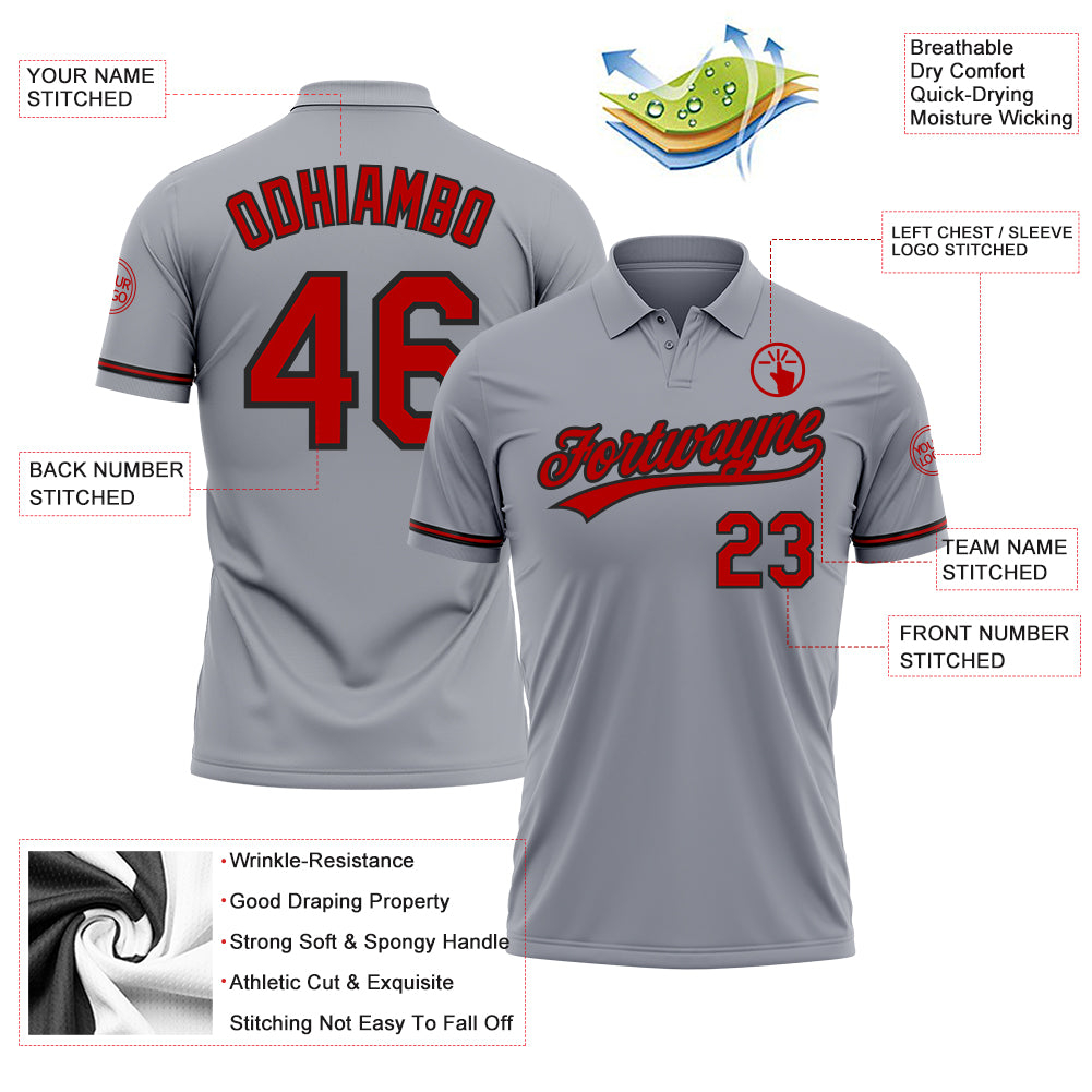 Custom Gray Red-Black Performance Vapor Golf Polo Shirt