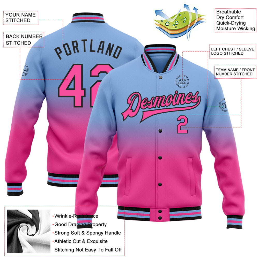 Custom Light Blue Pink-Black Bomber Full-Snap Varsity Letterman Fade Fashion Jacket