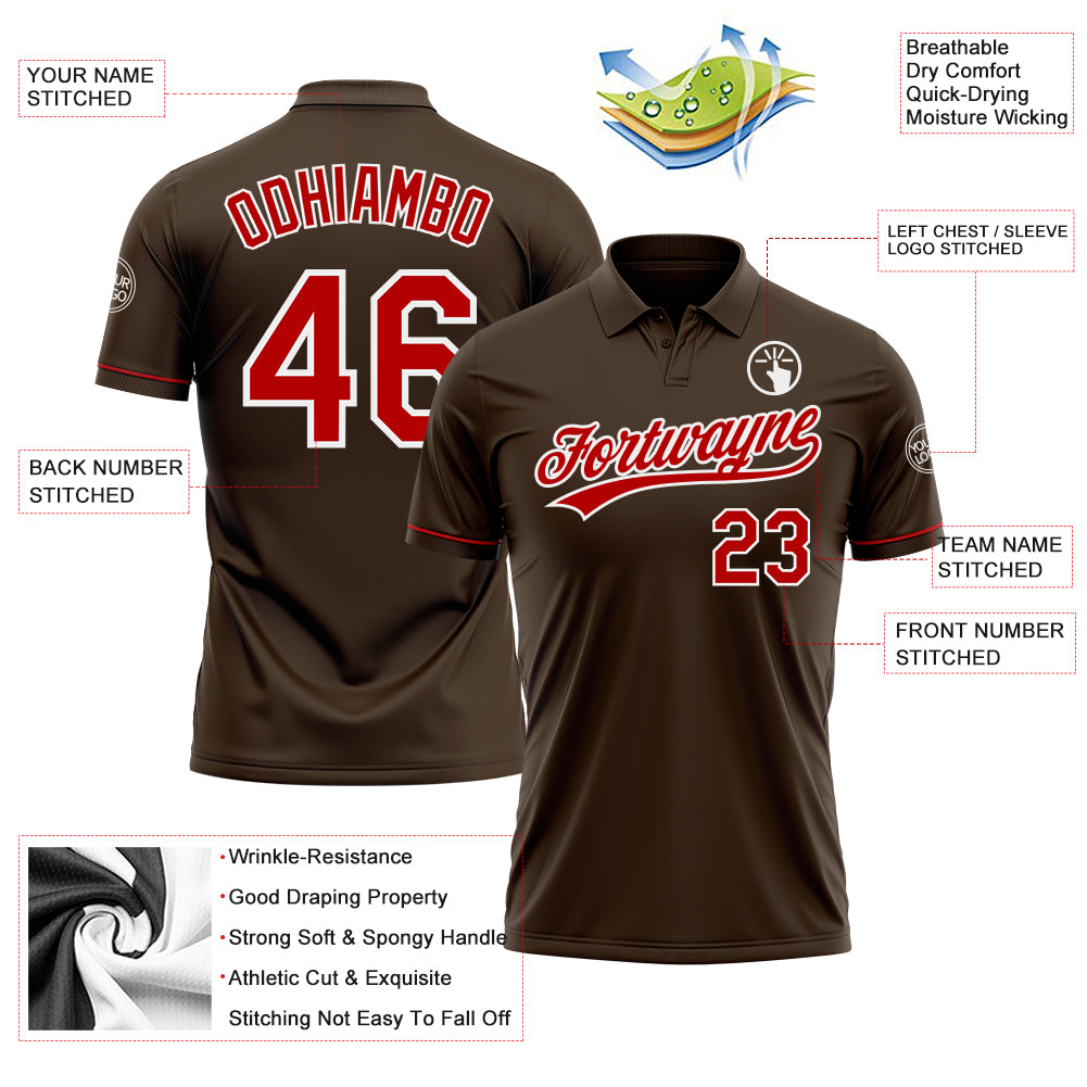 Custom Brown Red-White Performance Vapor Golf Polo Shirt