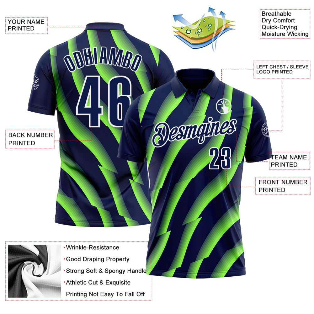 Custom Navy Neon Green-White 3D Bowling Geometric Shape Performance Polo Shirt