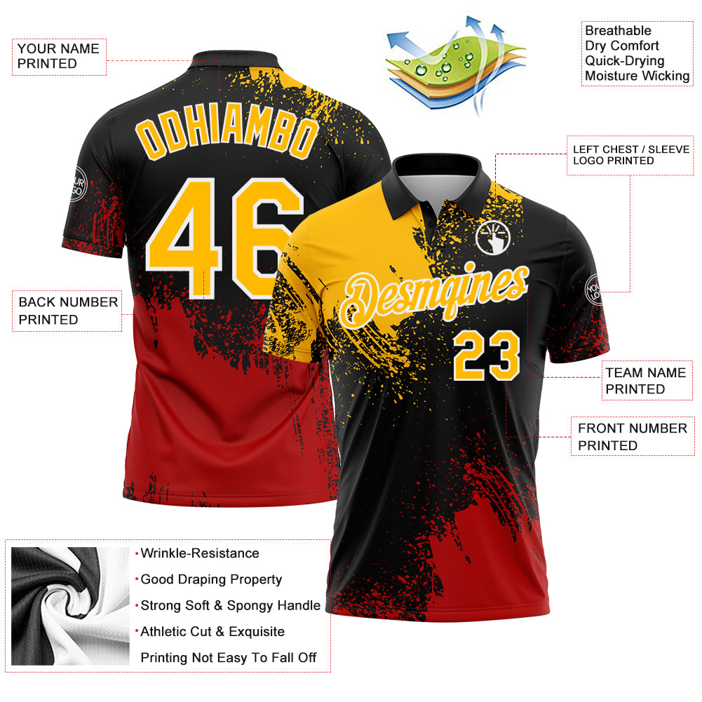 Custom Gold Black-Red 3D Pattern Design Abstract Brush Stroke Performance Polo Shirt