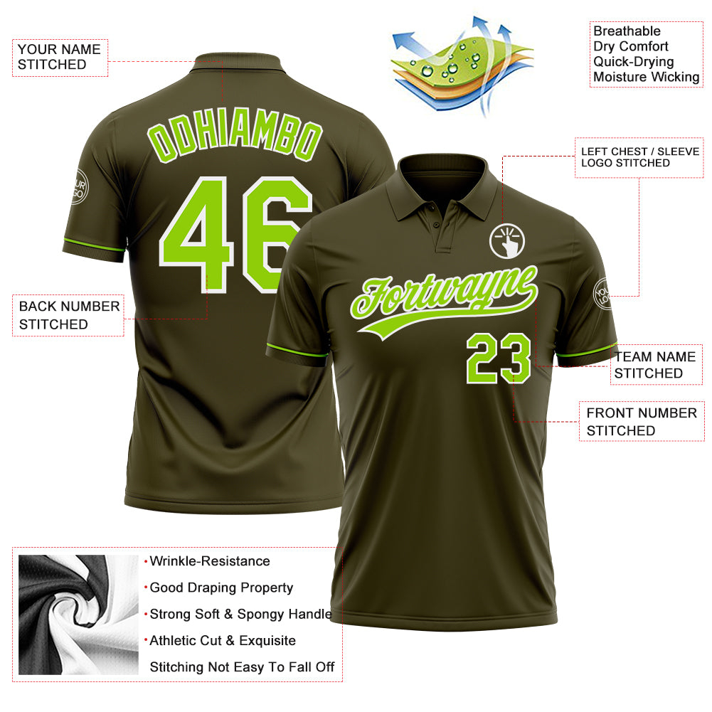 Custom Olive Neon Green-White Performance Vapor Salute To Service Golf Polo Shirt
