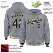Custom Gray Black-Cream Bomber Full-Snap Varsity Letterman Hoodie Jacket