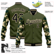 Custom Olive Black-Cream Camo Sleeves 3D Pattern Design Bomber Full-Snap Varsity Letterman Salute To Service Jacket