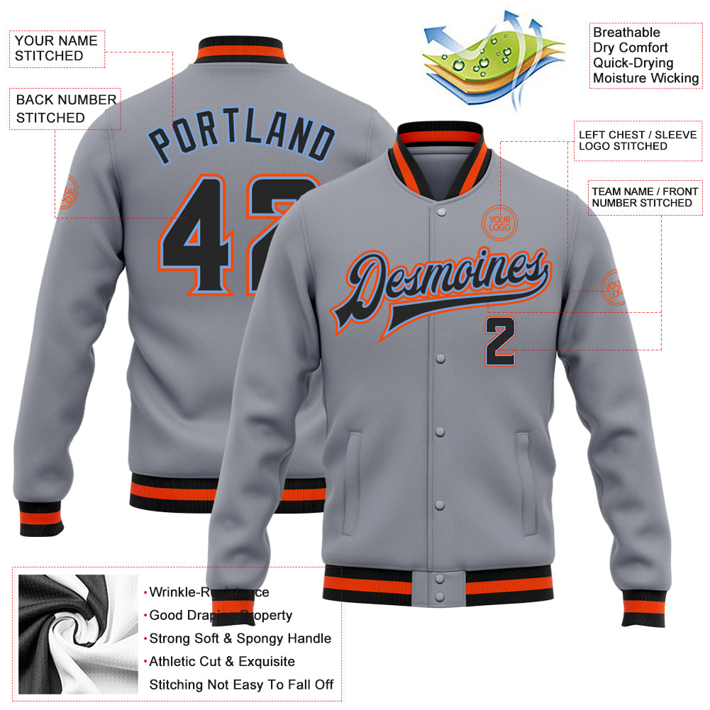 Custom Gray Black Powder Blue-Orange Bomber Full-Snap Varsity Letterman Jacket