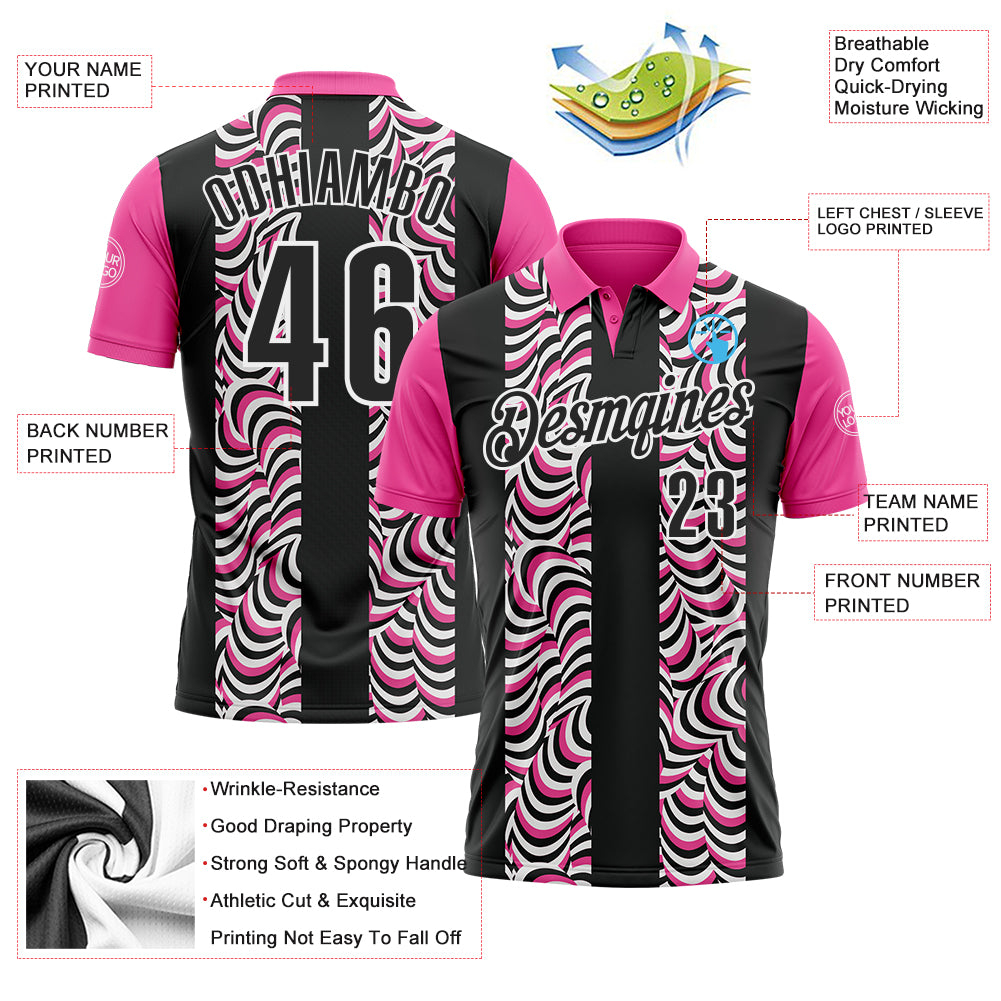 Custom Black Pink-White 3D Bowling Geometric Shape Performance Polo Shirt