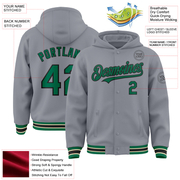 Custom Gray Kelly Green Black-Cream Bomber Full-Snap Varsity Letterman Hoodie Jacket