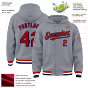 Custom Gray Red-Navy Bomber Full-Snap Varsity Letterman Hoodie Jacket