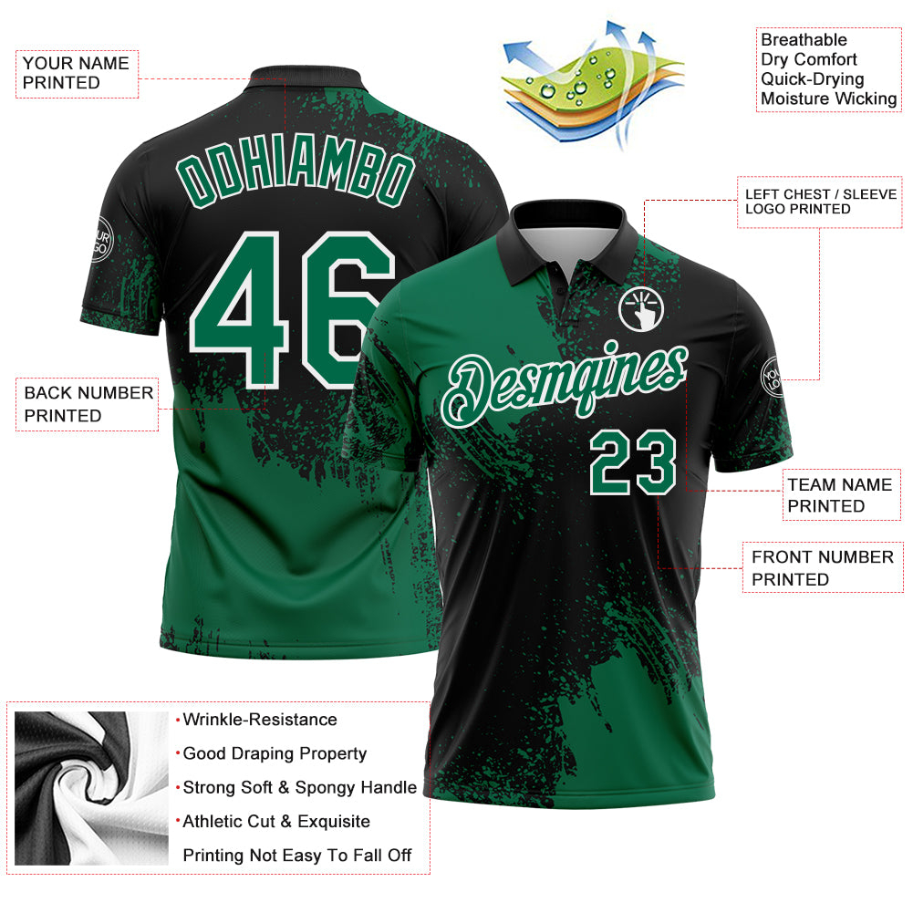 Custom Kelly Green Black-White 3D Pattern Design Abstract Brush Stroke Performance Polo Shirt