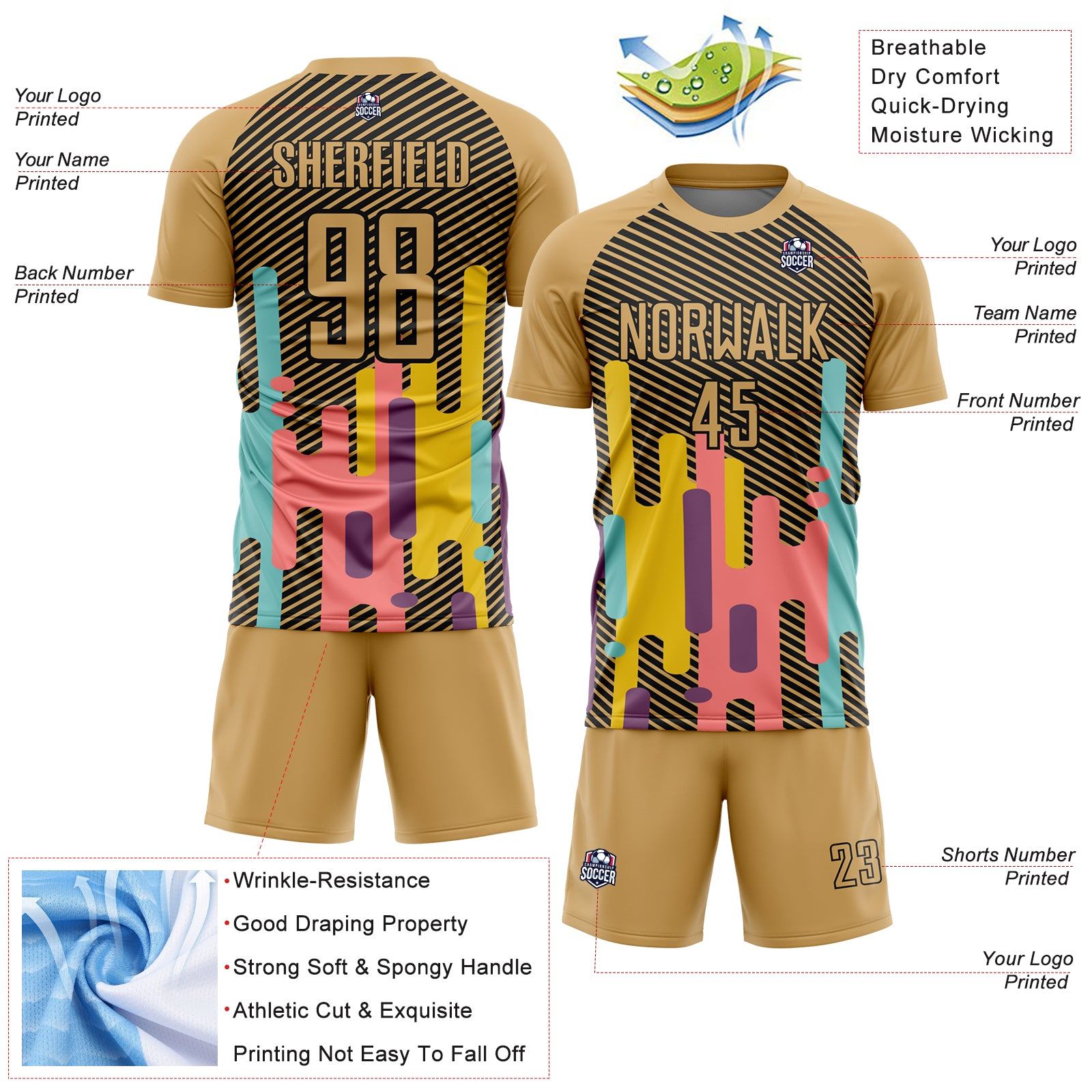 Custom Old Gold Black Lines Sublimation Soccer Uniform Jersey