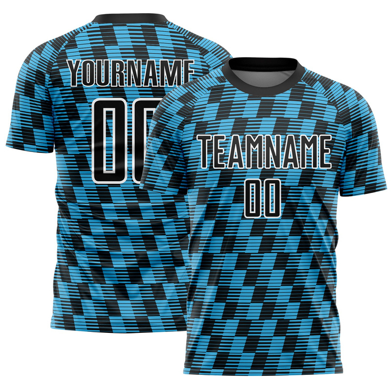 Custom Black Sky Blue-White Line Sublimation Soccer Uniform Jersey
