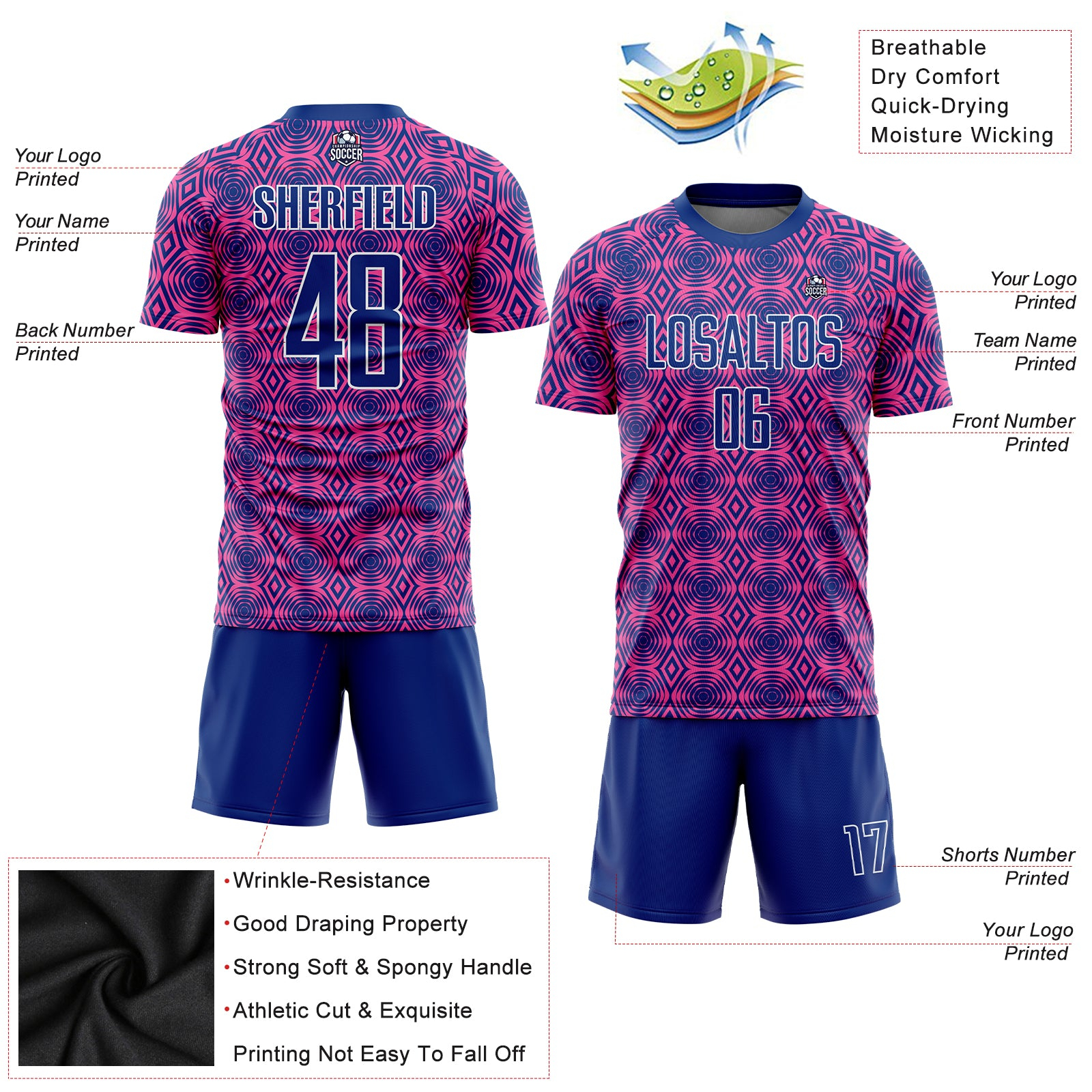 Custom Pink Royal-White Geometric Shapes Sublimation Soccer Uniform Jersey