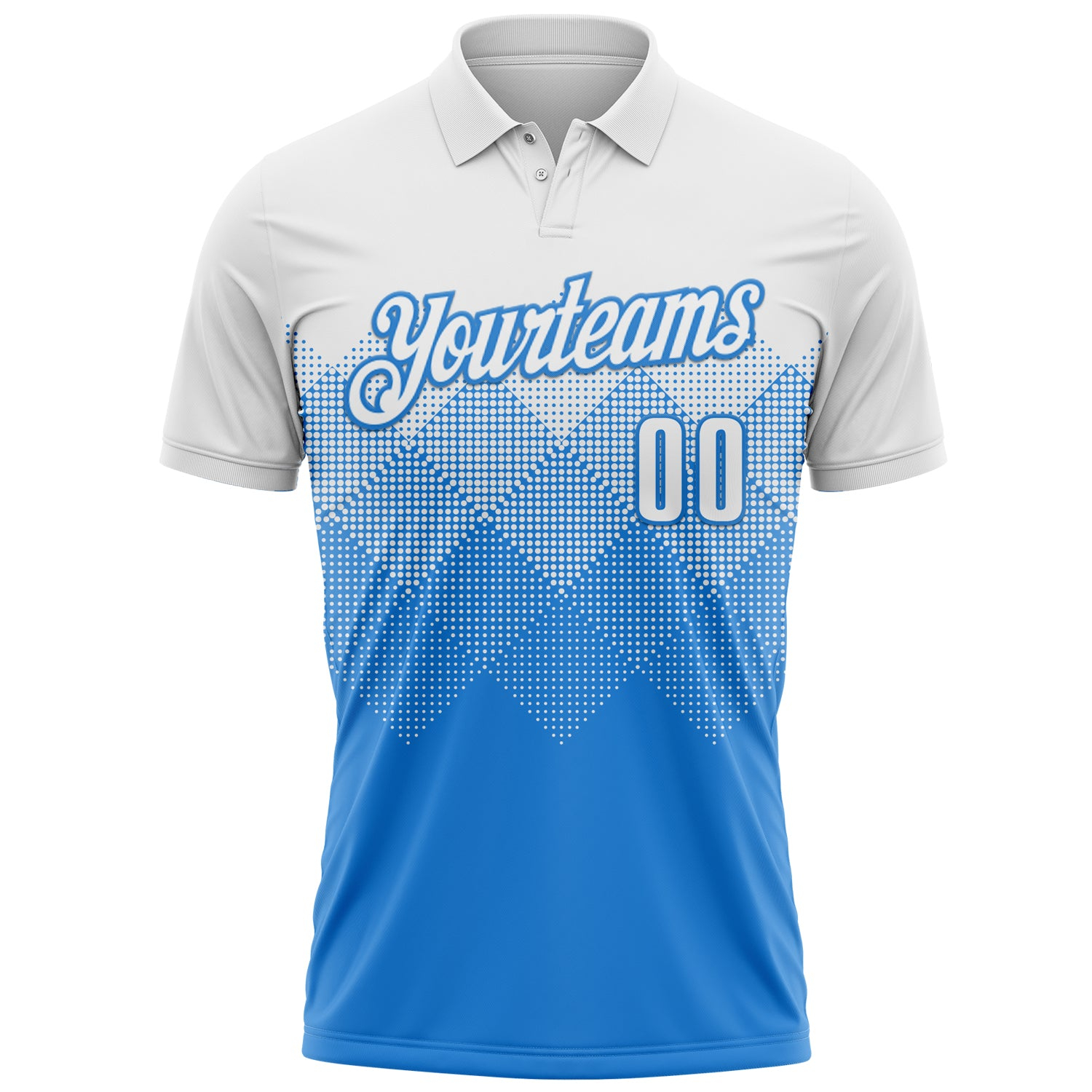 Custom White Powder Blue 3D Pattern Design Gradient Square Shape Performance Polo Shirt