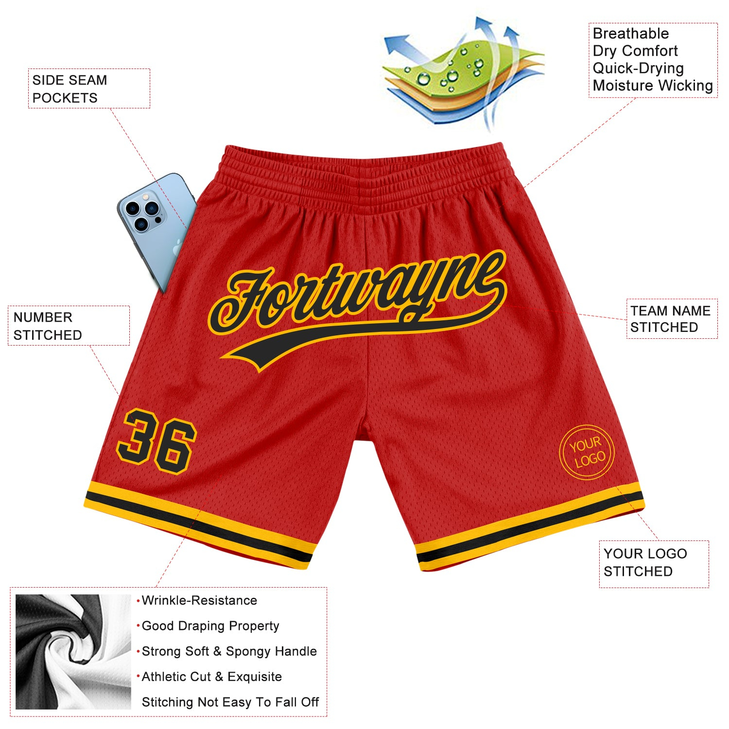 Custom Red Black-Gold Authentic Throwback Basketball Shorts