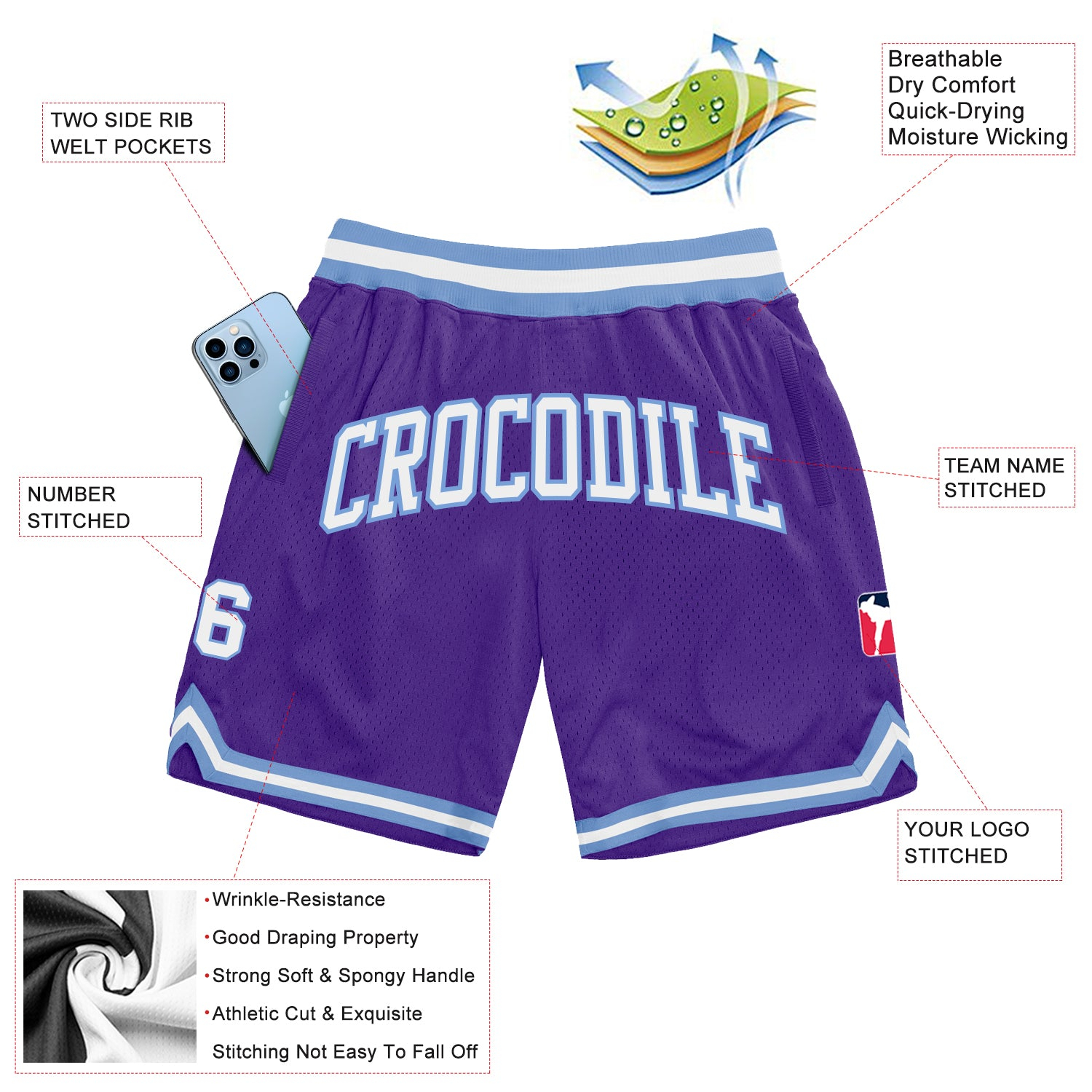 Custom Purple White-Light Blue Authentic Throwback Basketball Shorts