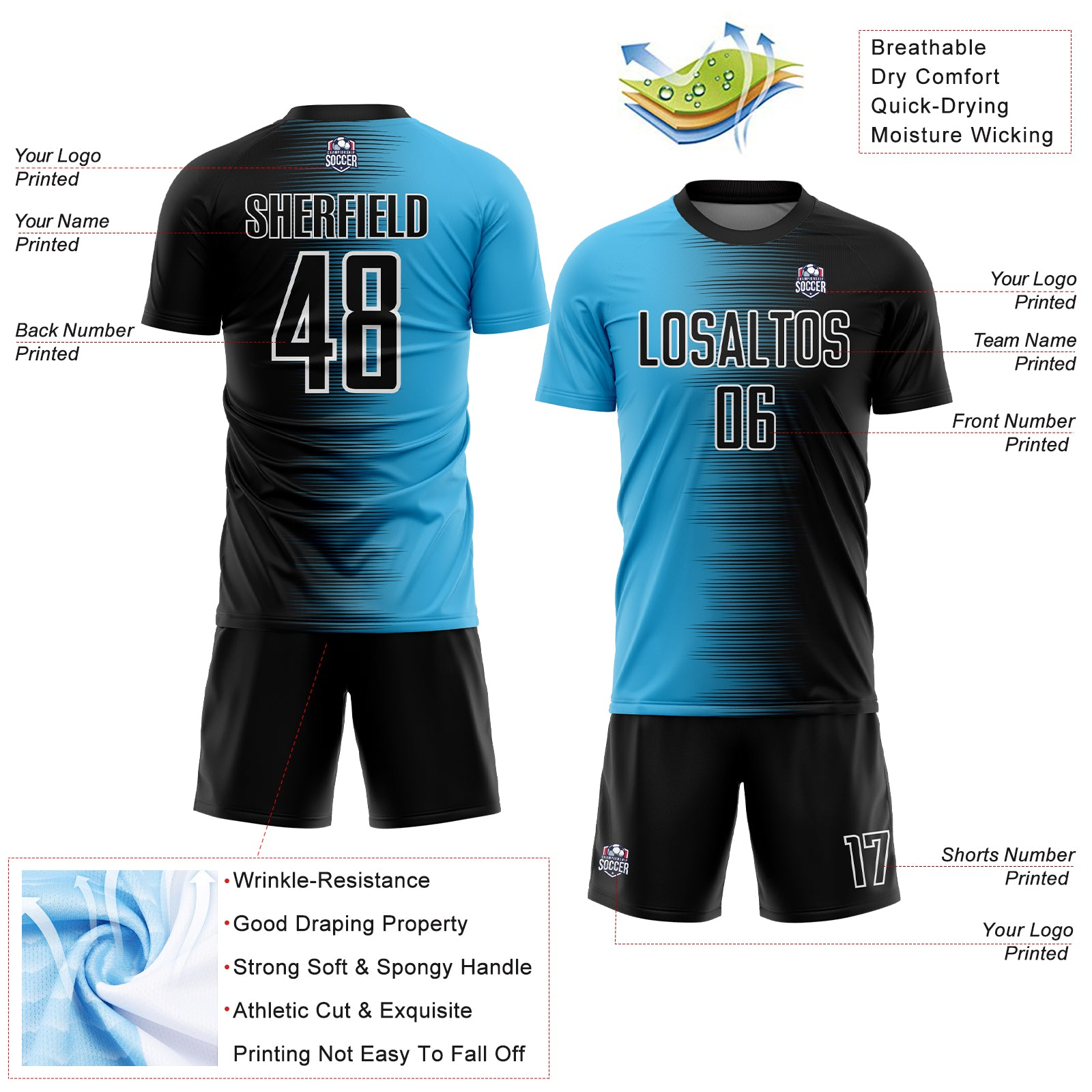 Custom Black Sky Blue-White Gradient Line Sublimation Soccer Uniform Jersey