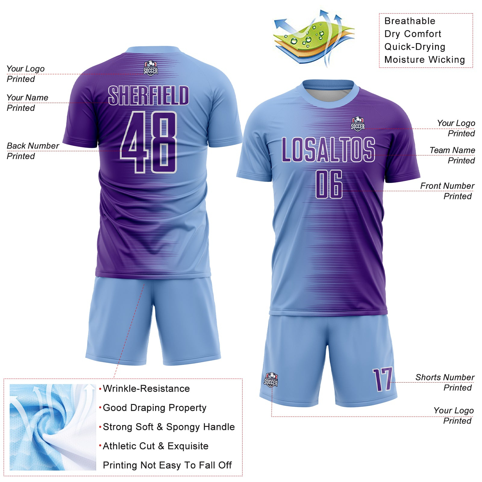 Custom Light Blue Purple-White Gradient Line Sublimation Soccer Uniform Jersey