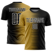 Custom Black Old Gold-White Gradient Line Sublimation Soccer Uniform Jersey