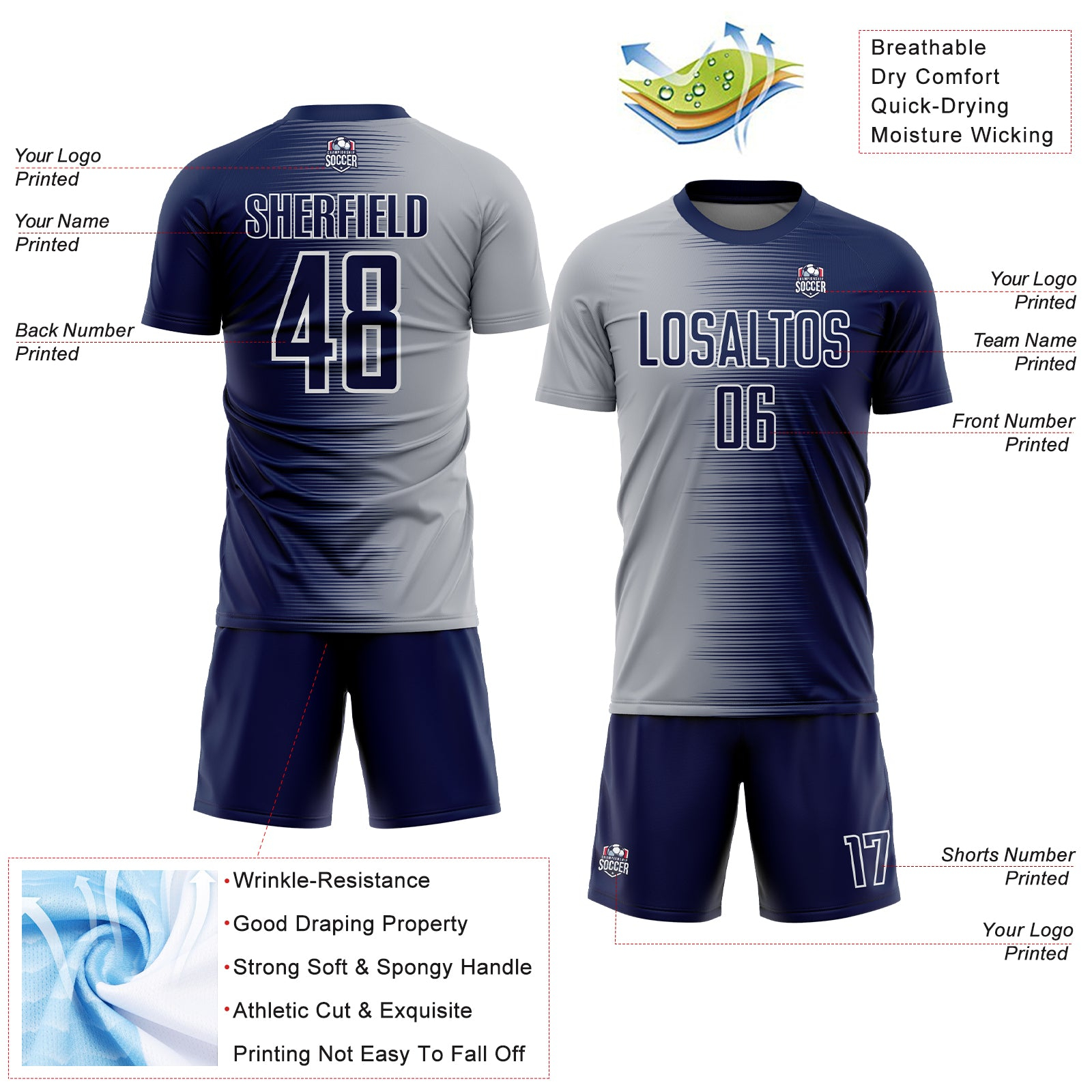 Custom Navy Gray-White Gradient Line Sublimation Soccer Uniform Jersey