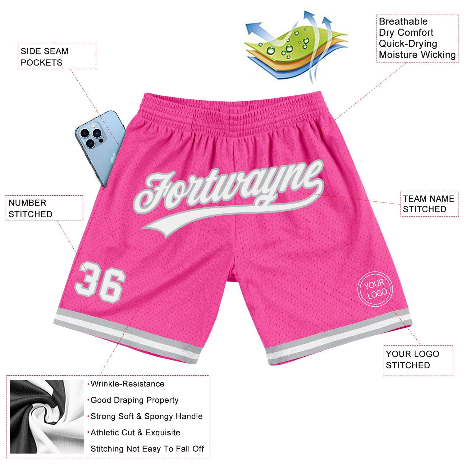 Custom Pink White-Gray Authentic Throwback Basketball Shorts