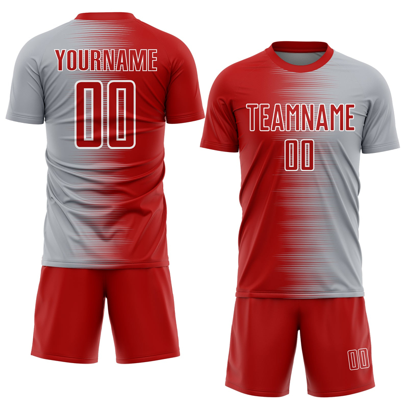 Custom Red Gray-White Gradient Line Sublimation Soccer Uniform Jersey