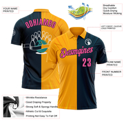 Custom Navy Pink Gold-Black 3D Bowling Performance Polo Shirt