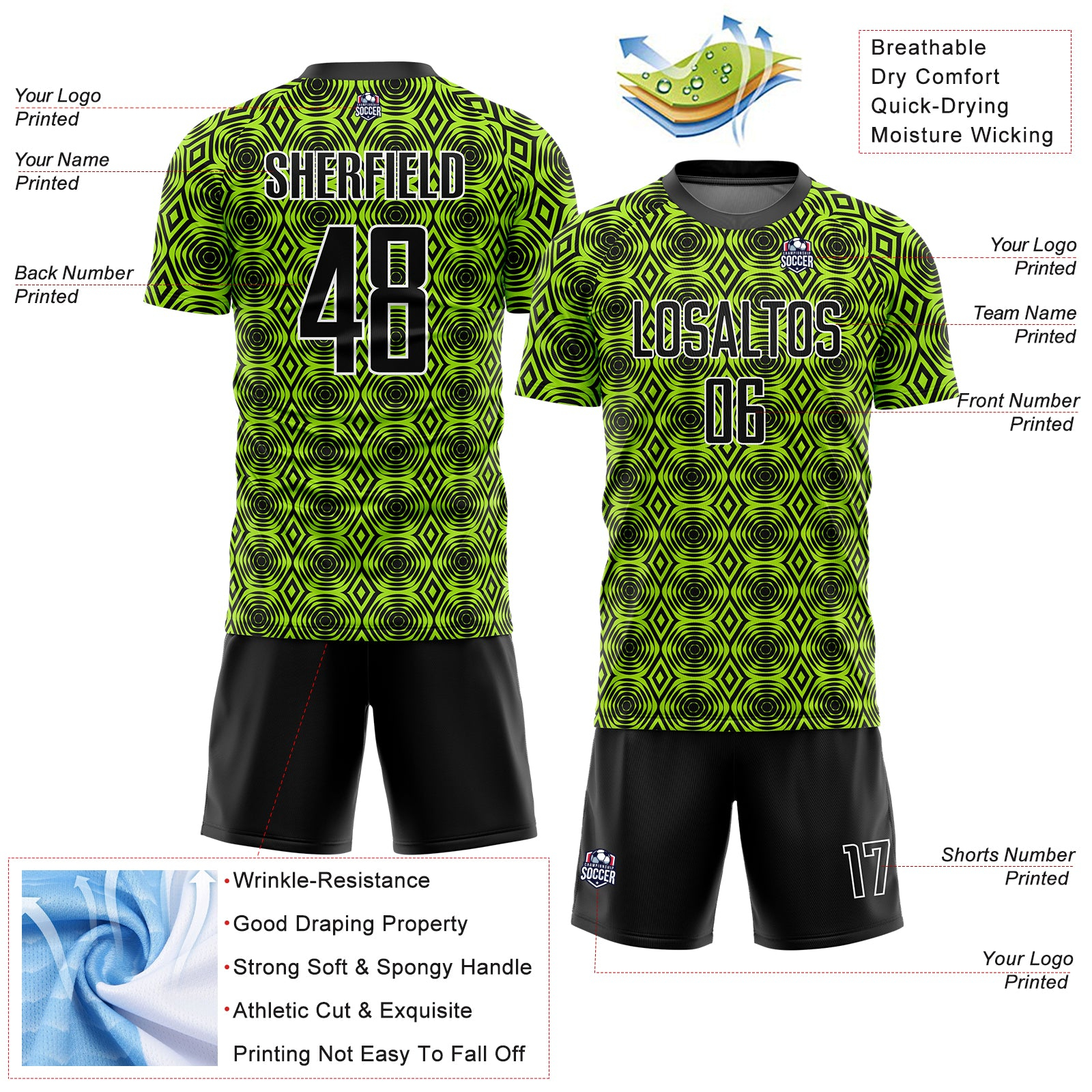 Custom Neon Green Black-White Geometric Shapes Sublimation Soccer Uniform Jersey