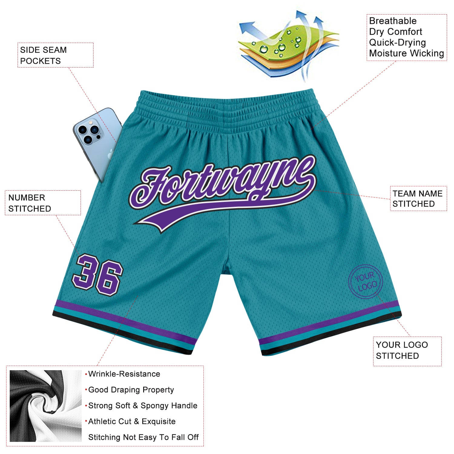 Custom Teal Purple-Black Authentic Throwback Basketball Shorts