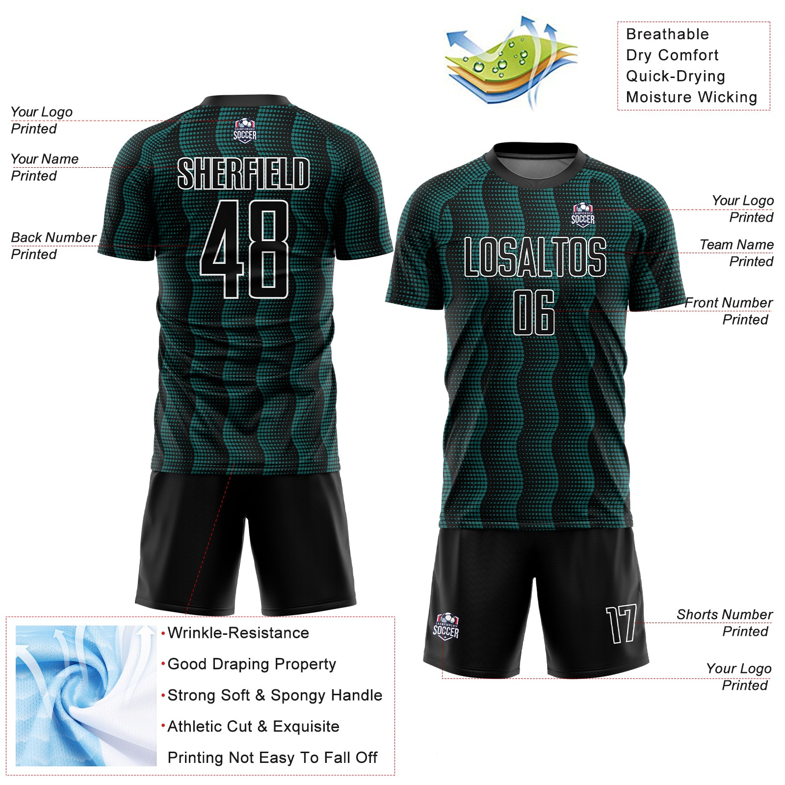 Custom Black Teal-White Geometric Shape Sublimation Soccer Uniform Jersey