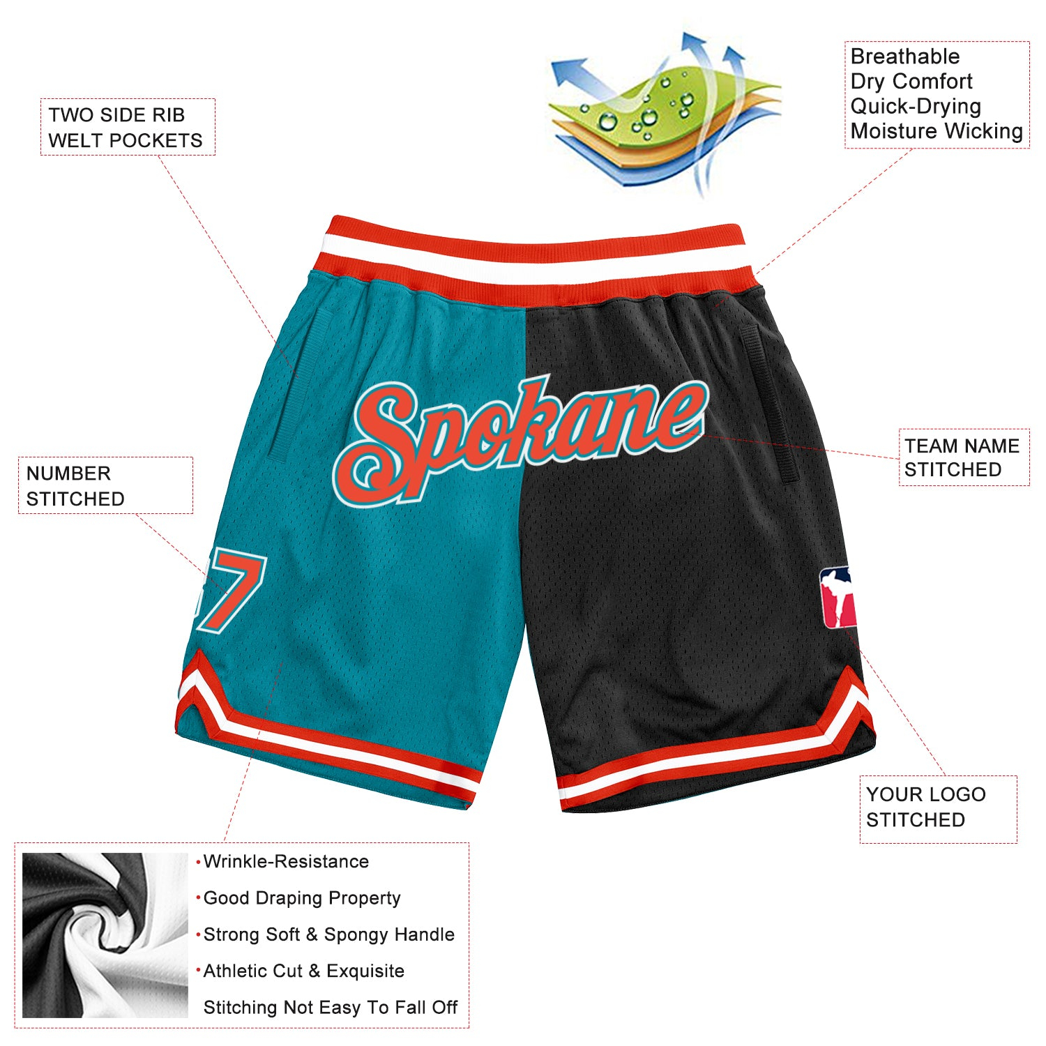 Custom Teal Orange-Black Authentic Throwback Split Fashion Basketball Shorts