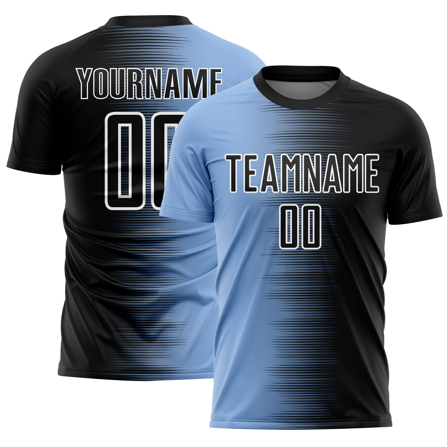 Custom Black Light Blue-White Gradient Line Sublimation Soccer Uniform Jersey