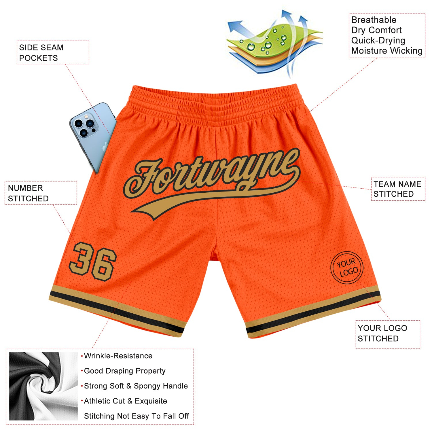 Custom Orange Old Gold-Black Authentic Throwback Basketball Shorts