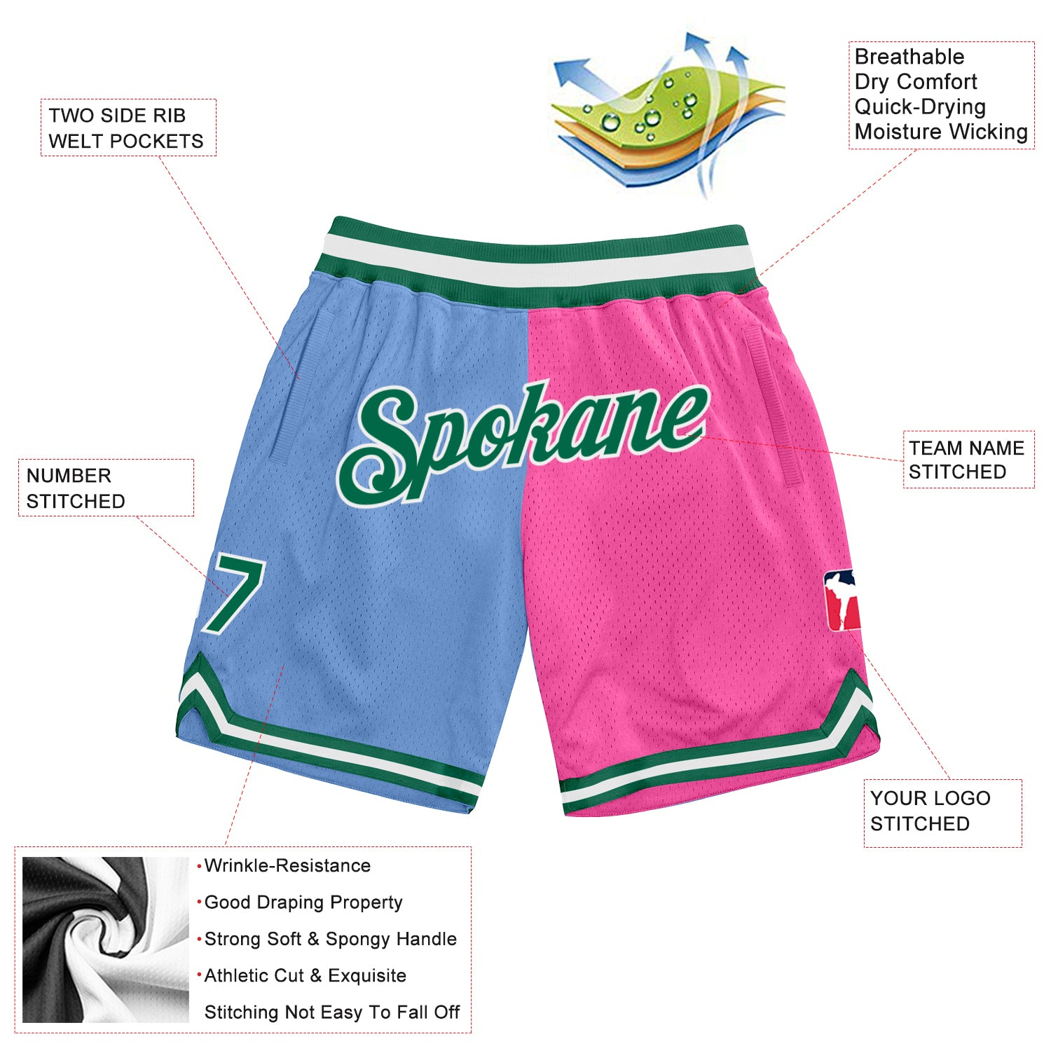 Custom Light Blue Kelly Green-Pink Authentic Throwback Split Fashion Basketball Shorts