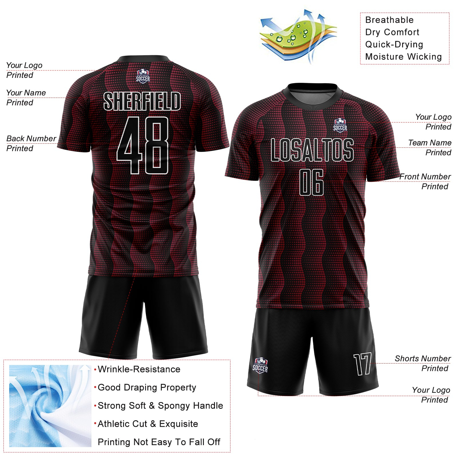 Custom Black Crimson-White Geometric Shape Sublimation Soccer Uniform Jersey