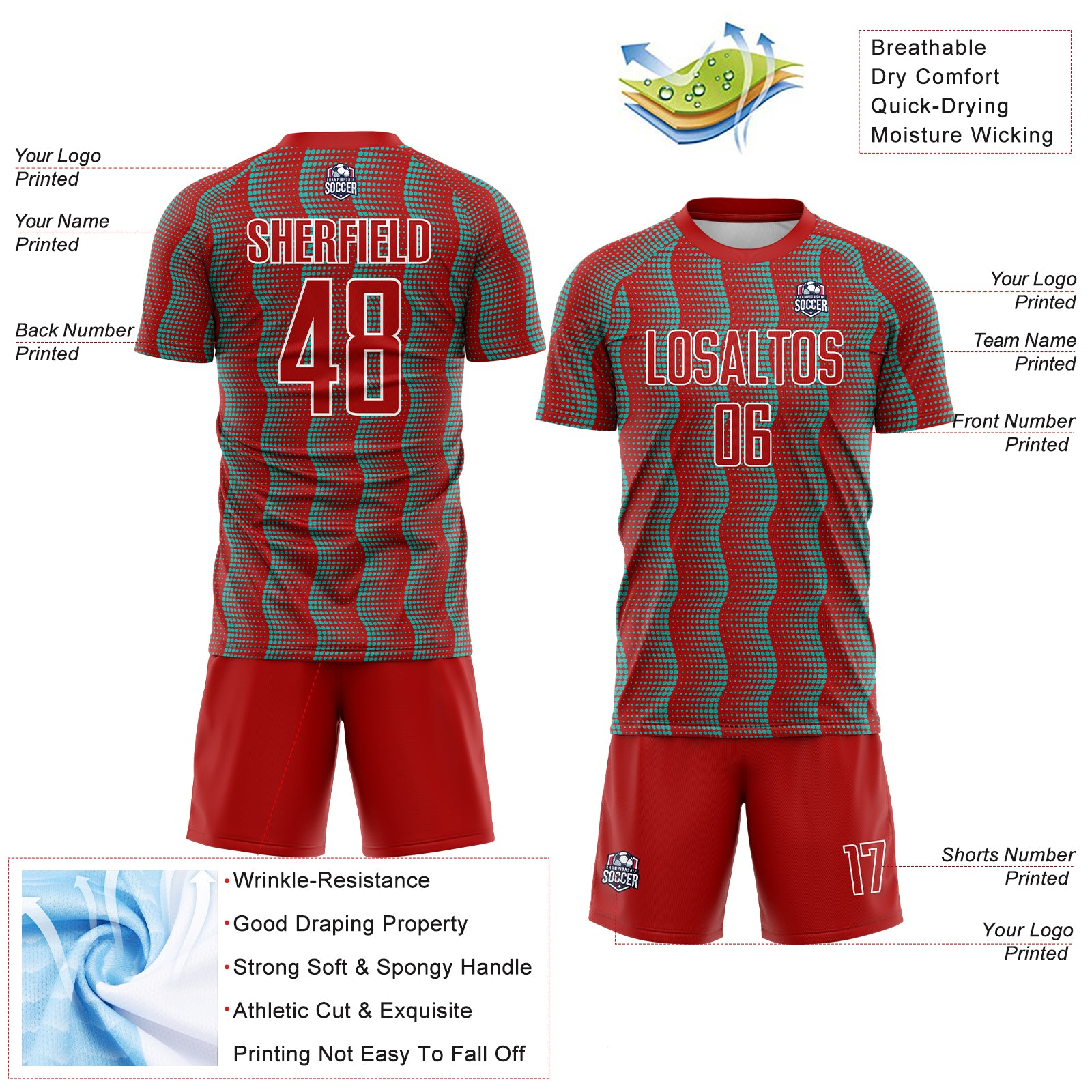 Custom Red Aqua-White Geometric Shape Sublimation Soccer Uniform Jersey