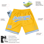Custom Gold Light Blue-White Authentic Throwback Basketball Shorts