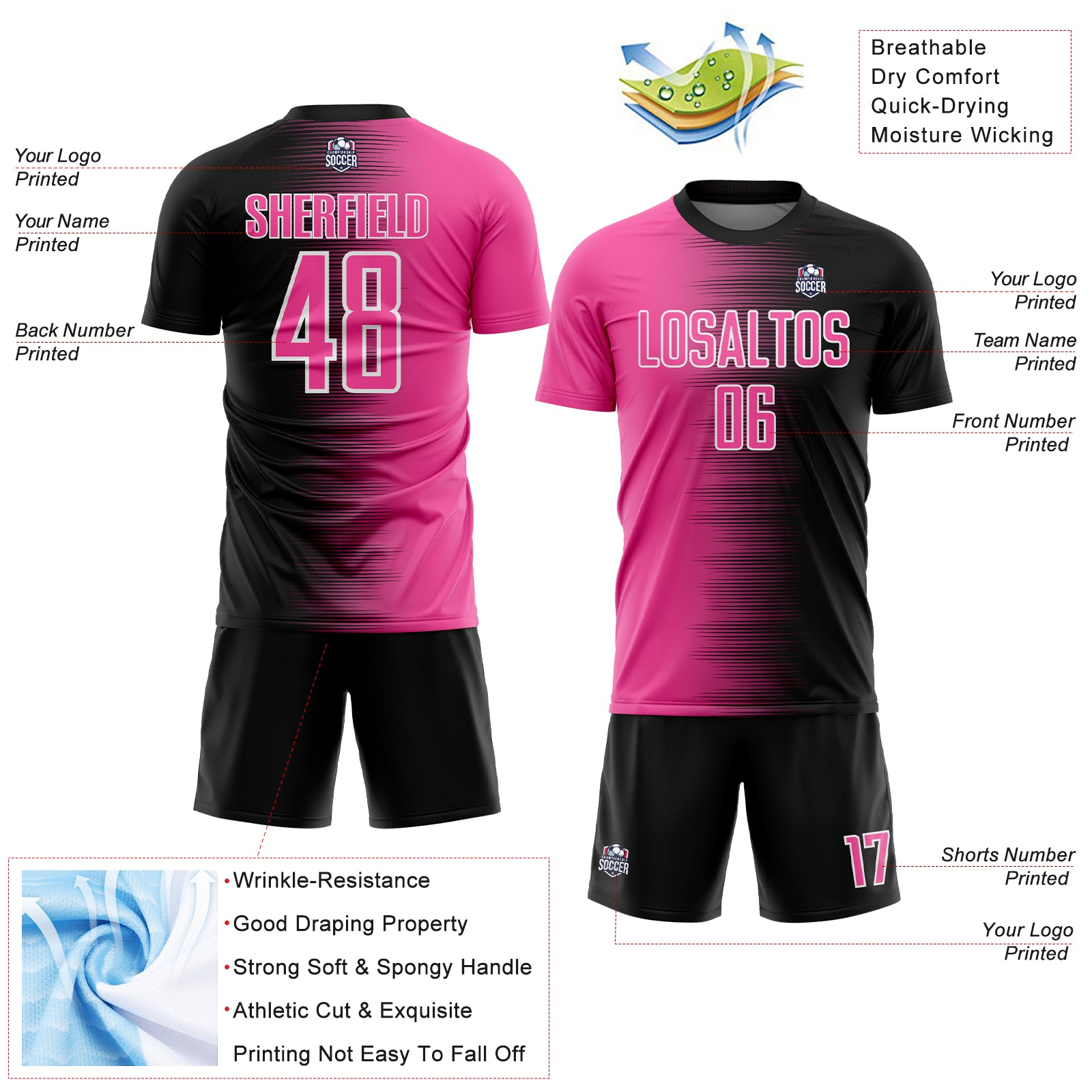 Custom Black Pink-White Gradient Line Sublimation Soccer Uniform Jersey