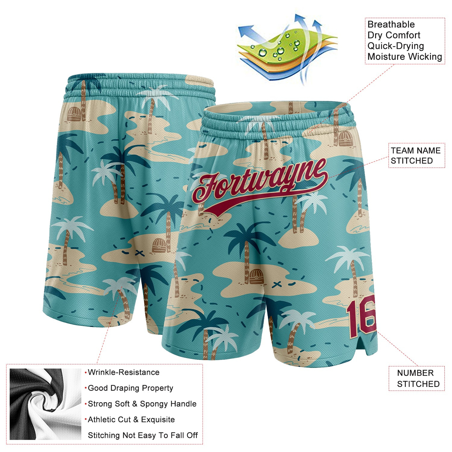 Custom Panther Blue Maroon-City Cream 3D Pattern Beach Hawaii Palm Trees Authentic Basketball Shorts