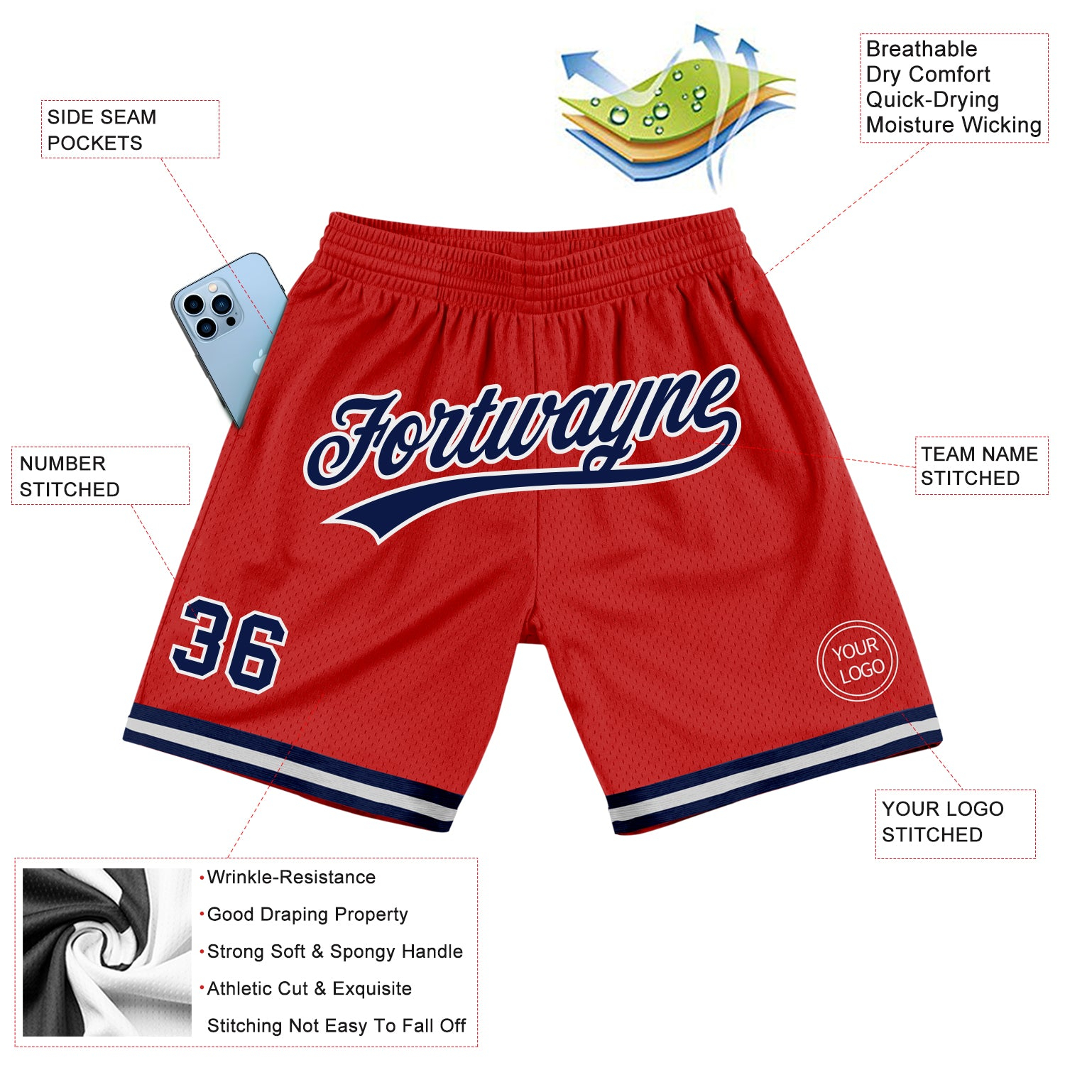 Custom Red Navy-White Authentic Throwback Basketball Shorts