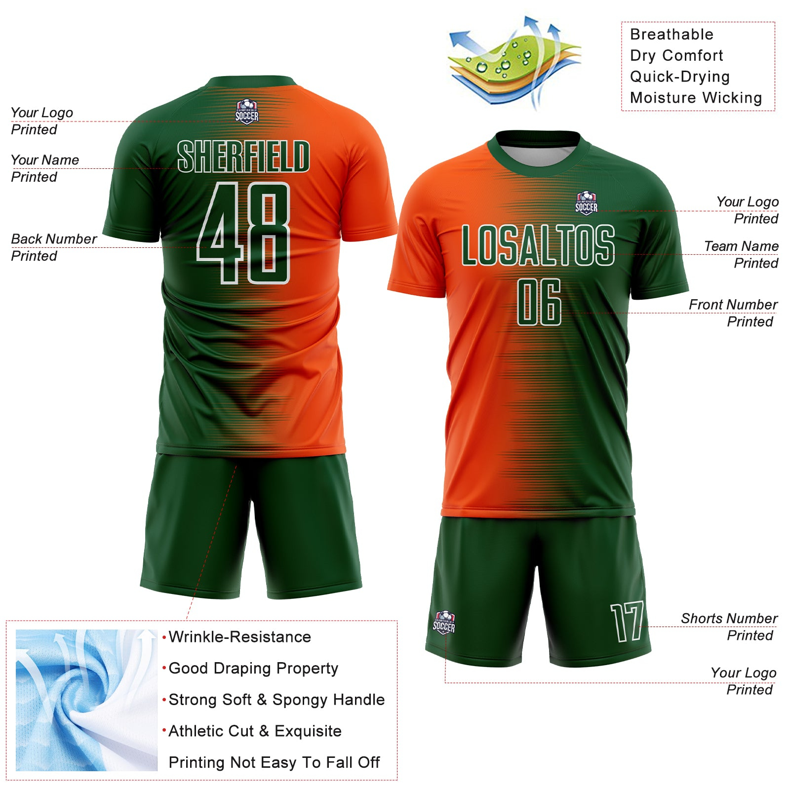 Custom Green Orange-White Gradient Line Sublimation Soccer Uniform Jersey
