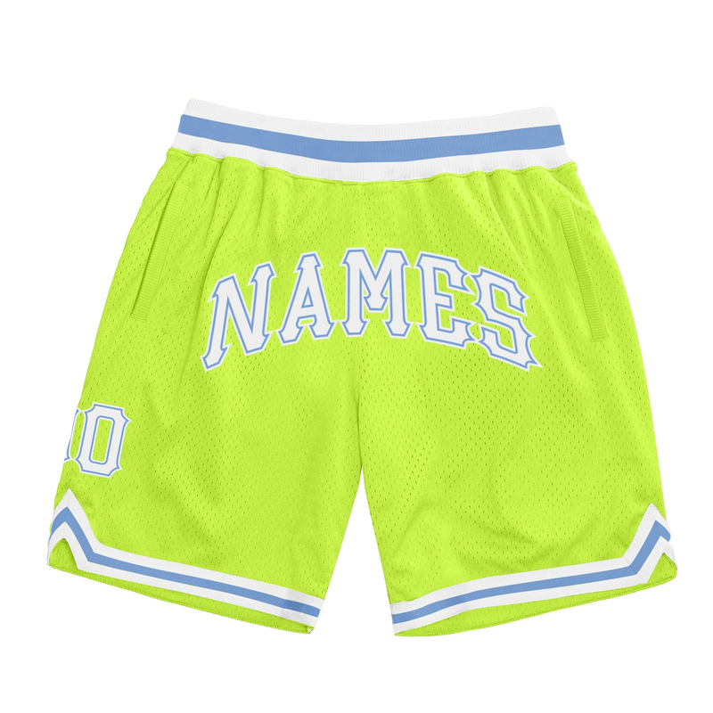 Custom Neon Green White-Light Blue Authentic Throwback Basketball Shorts