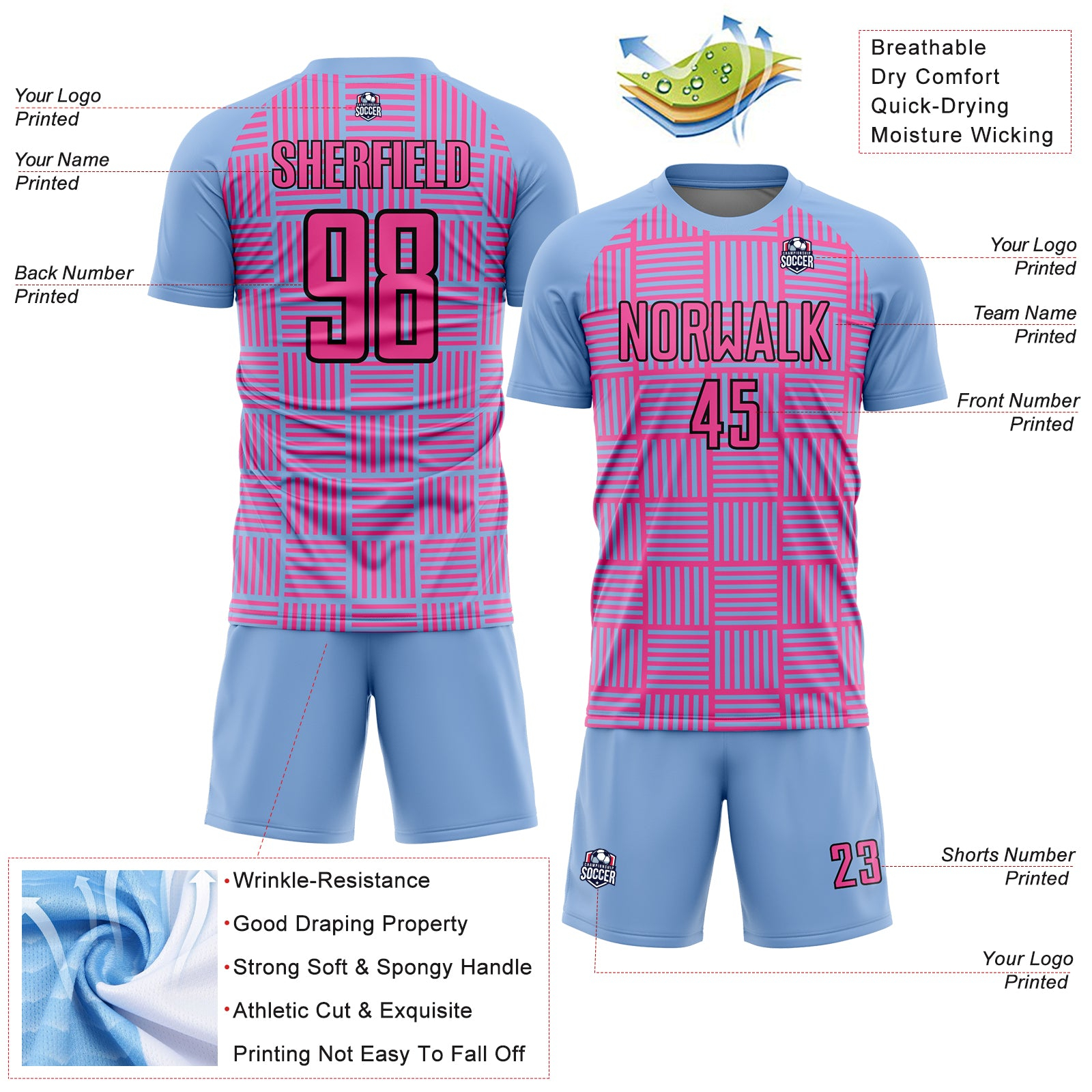 Custom Light Blue Pink-Black Lines Sublimation Soccer Uniform Jersey