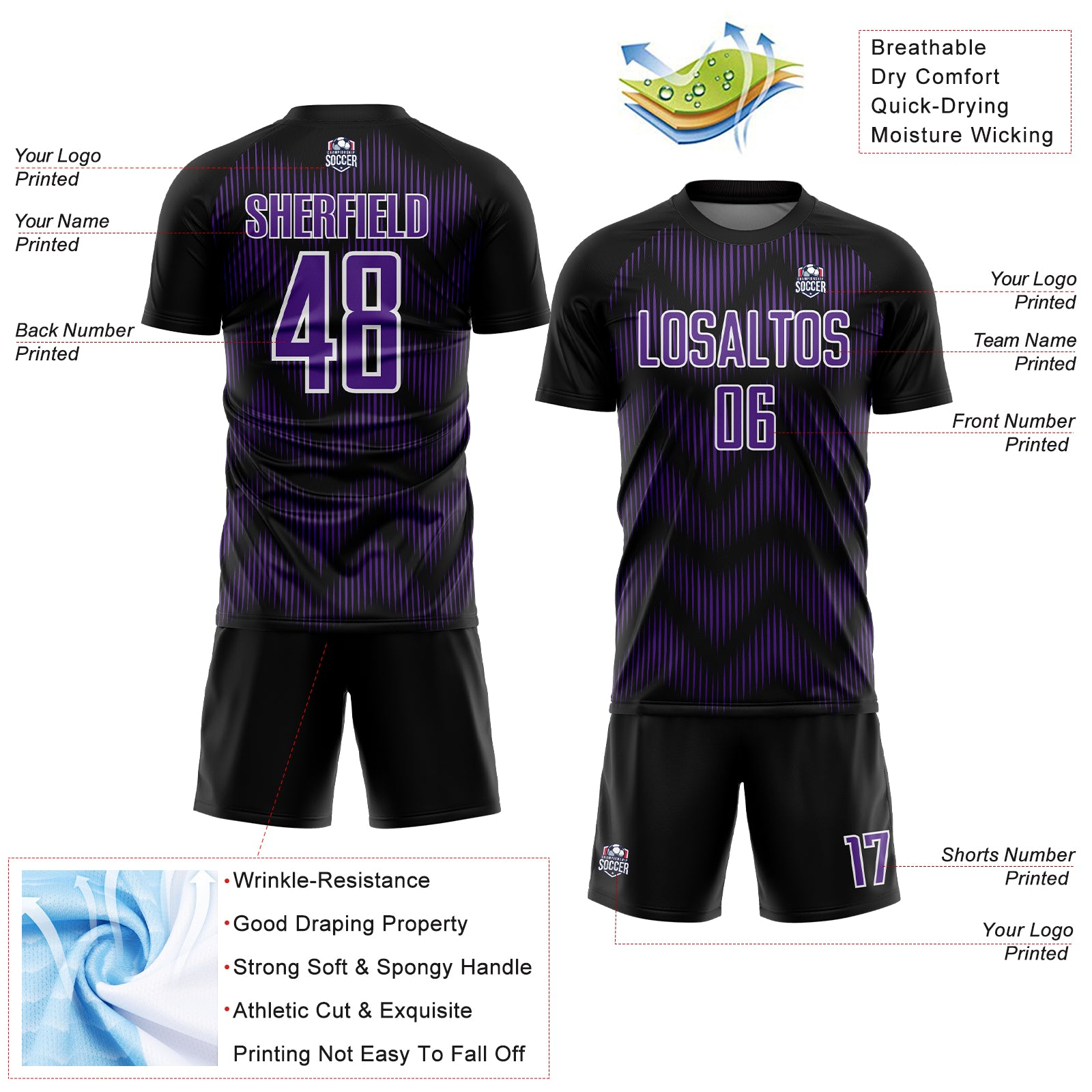 Custom Black Purple-White Line Sublimation Soccer Uniform Jersey