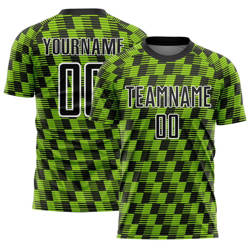 Custom Black Neon Green-White Line Sublimation Soccer Uniform Jersey