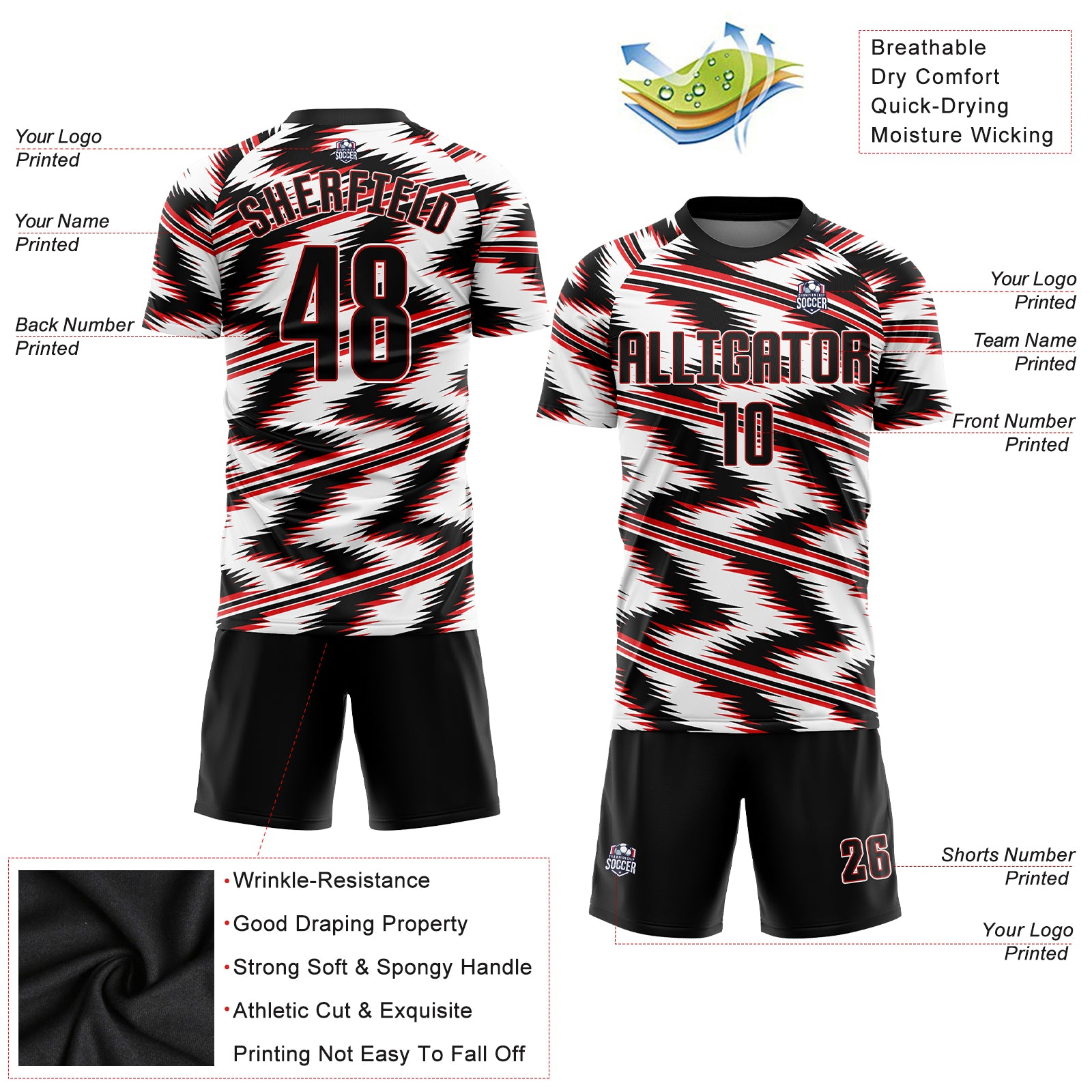 Custom White Black-Red Sublimation Soccer Uniform Jersey
