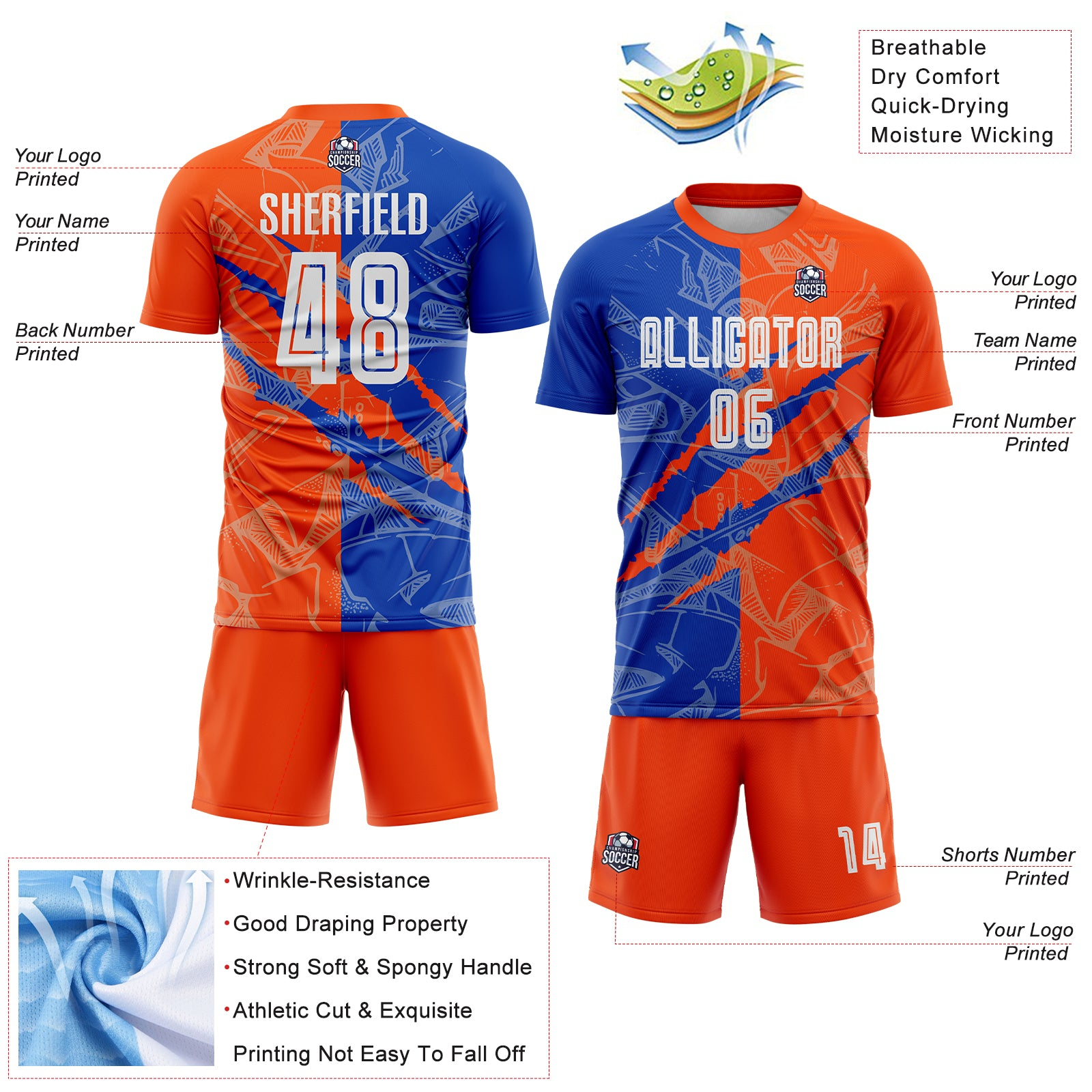 Custom Graffiti Pattern Thunder Blue-Orange Scratch Sublimation Soccer Uniform Jersey