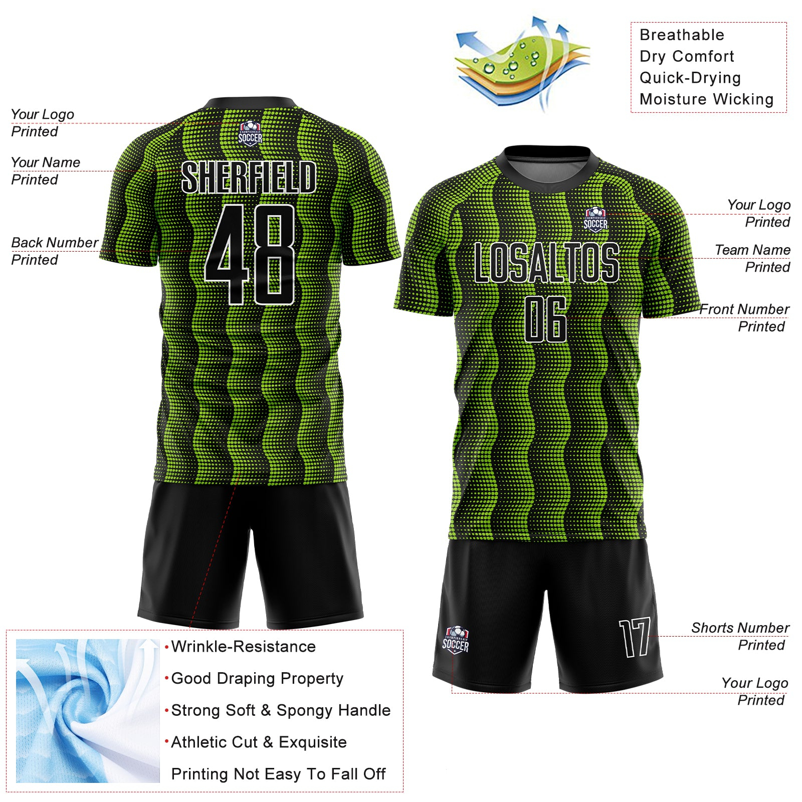 Custom Black Neon Green-White Geometric Shape Sublimation Soccer Uniform Jersey