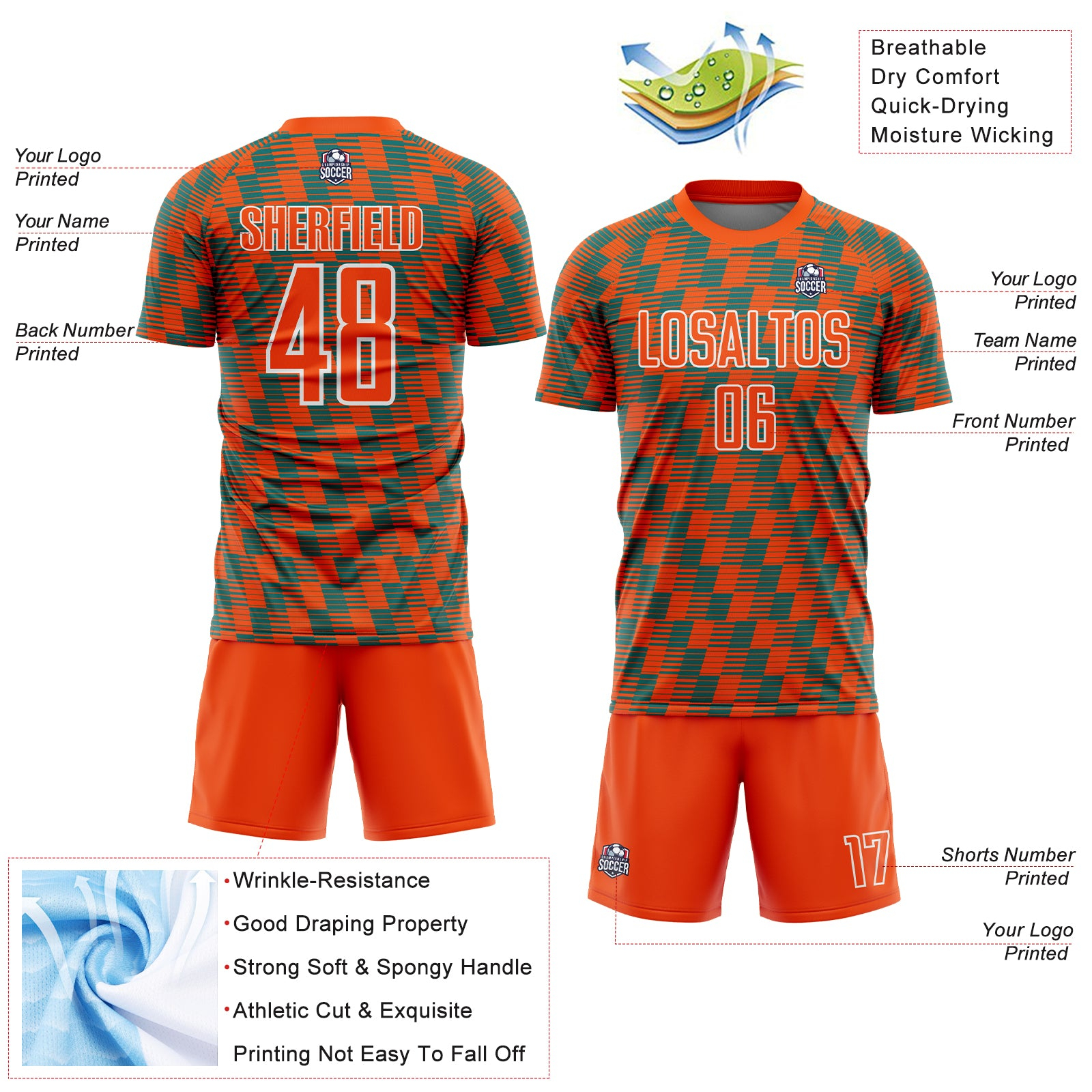 Custom Orange Teal-White Line Sublimation Soccer Uniform Jersey
