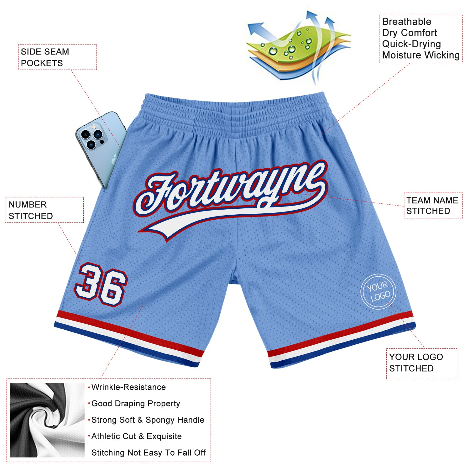 Custom Light Blue White Royal-Red Authentic Throwback Basketball Shorts